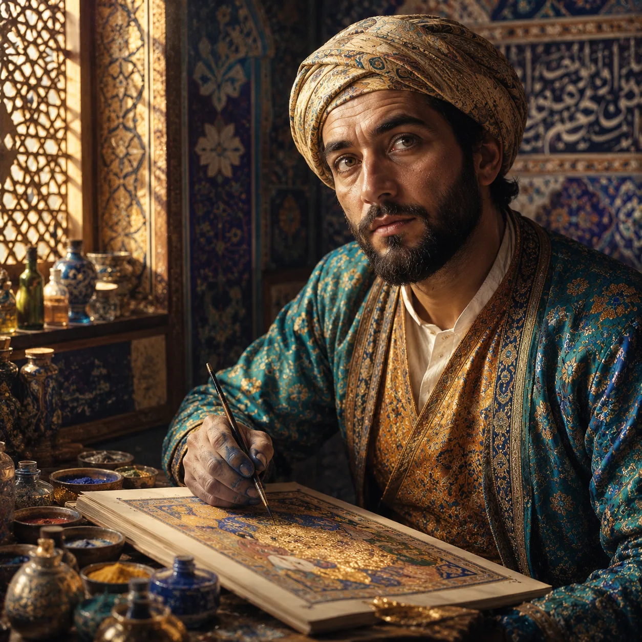 Contemplative artisan in an ornate workshop
