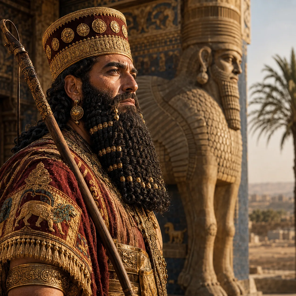 Regal Assyrian king at the palace gate