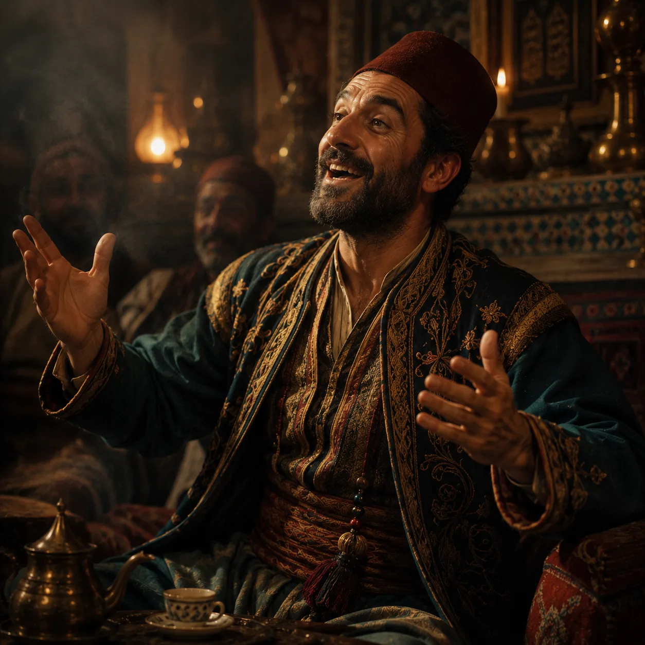 Lively storyteller in a warm coffeehouse