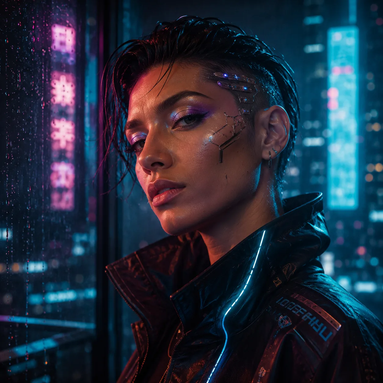 Cyberpunk portrait in neon rain