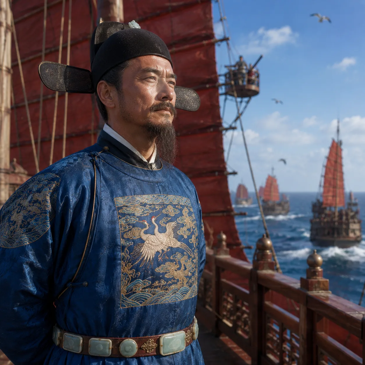 A dignified man aboard a junk ship