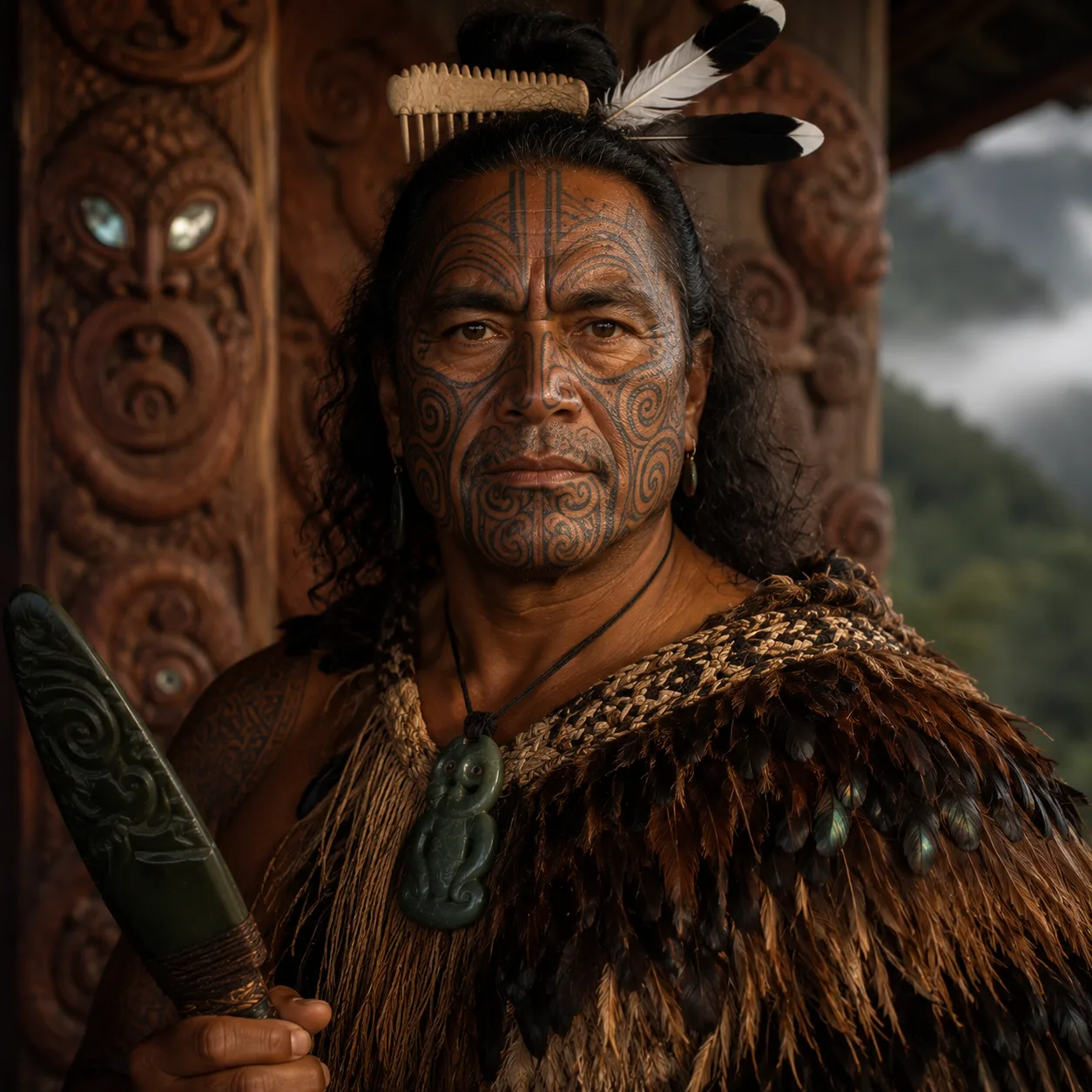 Māori chieftain in traditional adornment