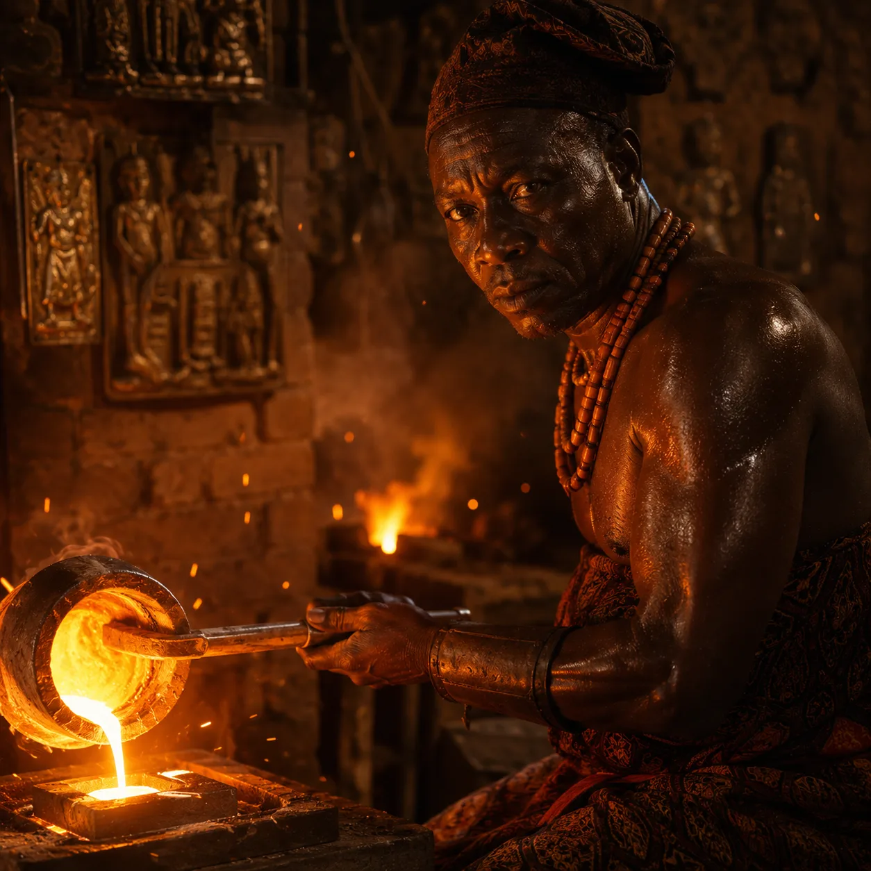 Mastering molten metal in firelight