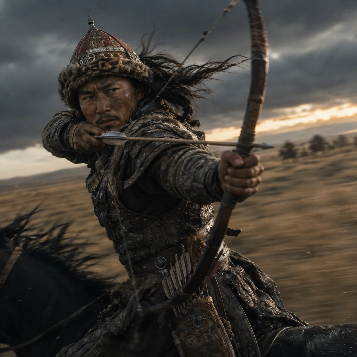 Mounted archer in a stormy steppe chase