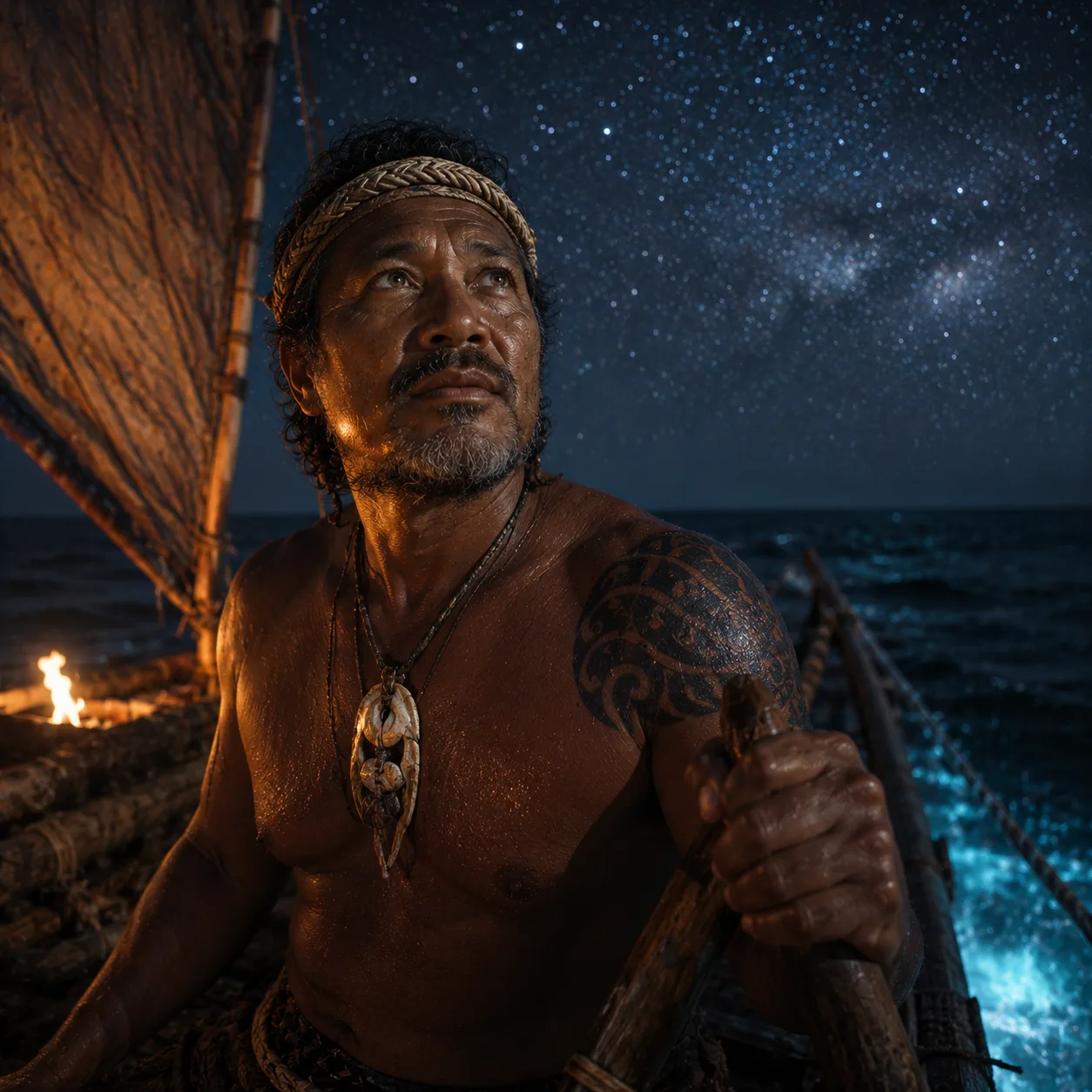 Ocean navigator under starry skies