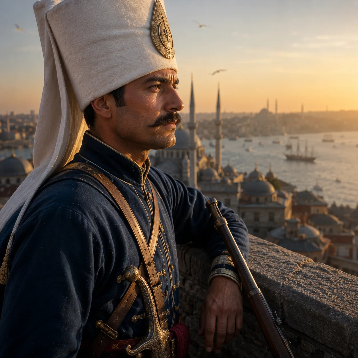 Ottoman guard at sunset over the city