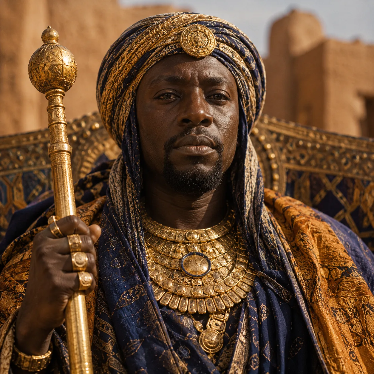 Regal African ruler in golden attire