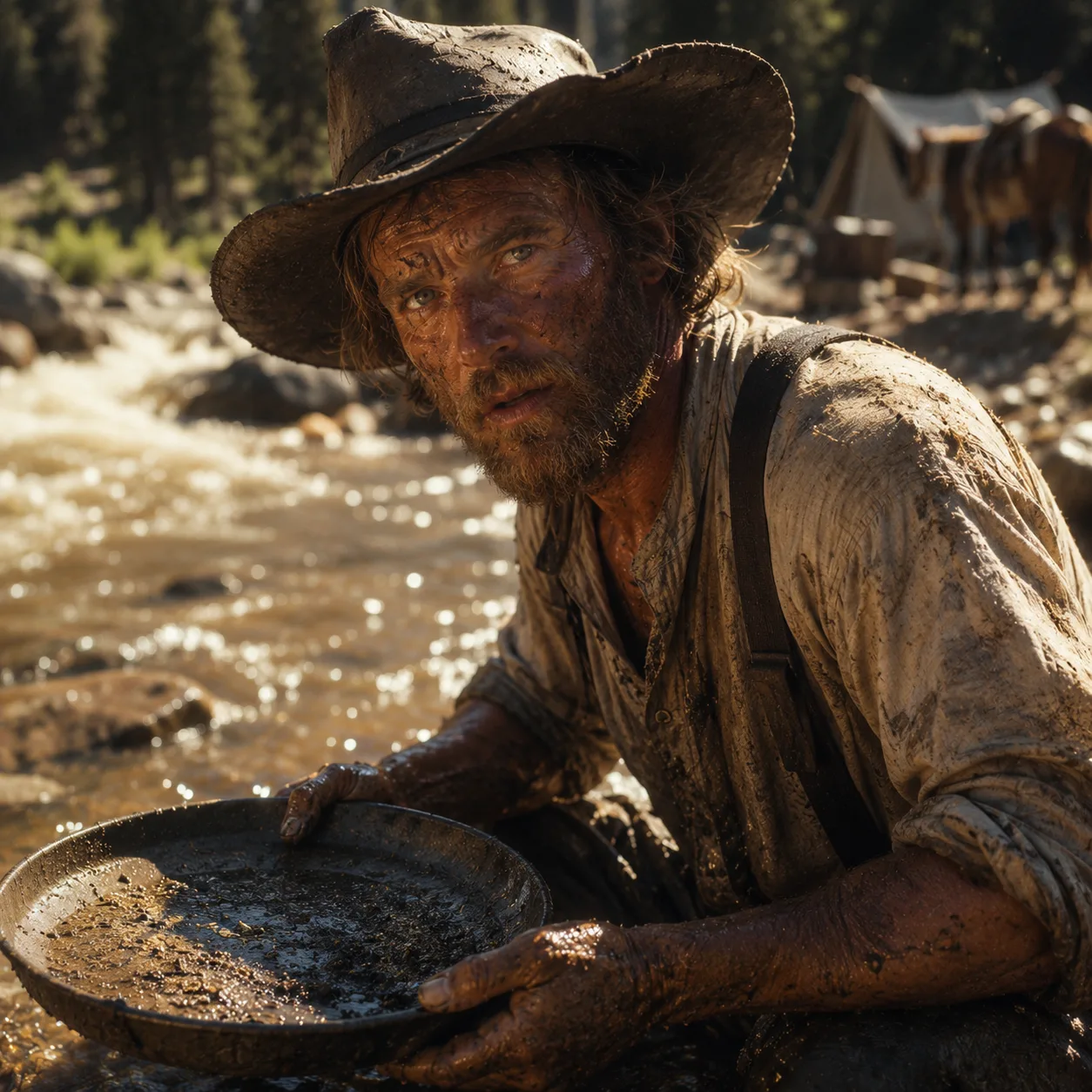Rugged prospector at the river's edge