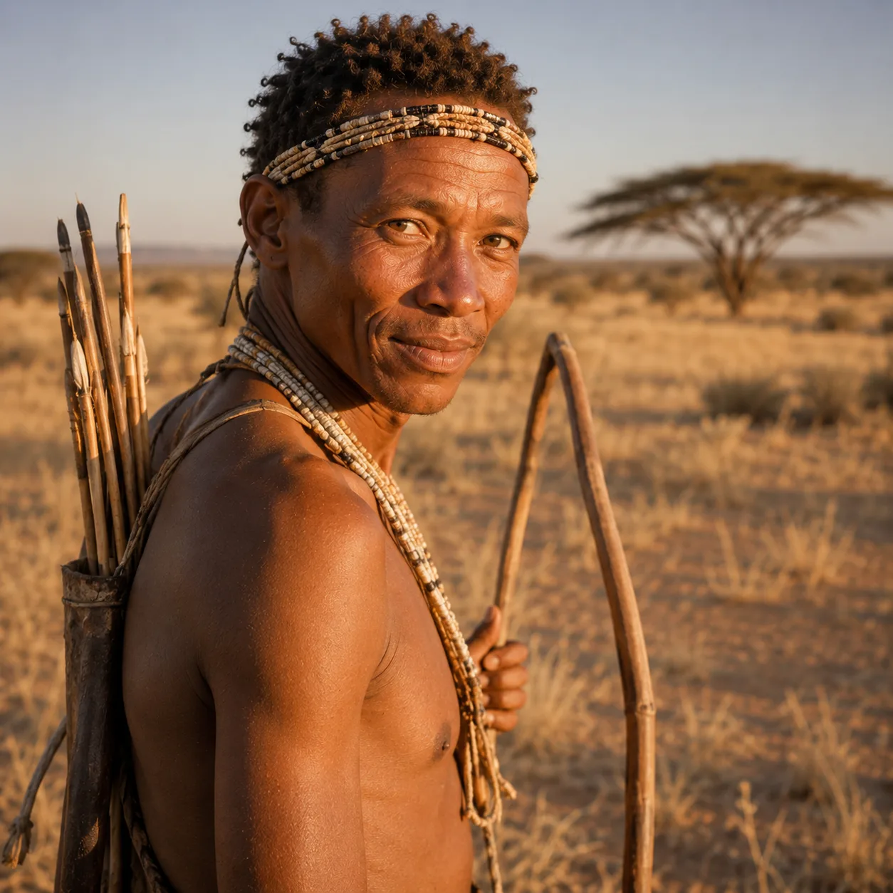 Hunter in golden-hour savanna light