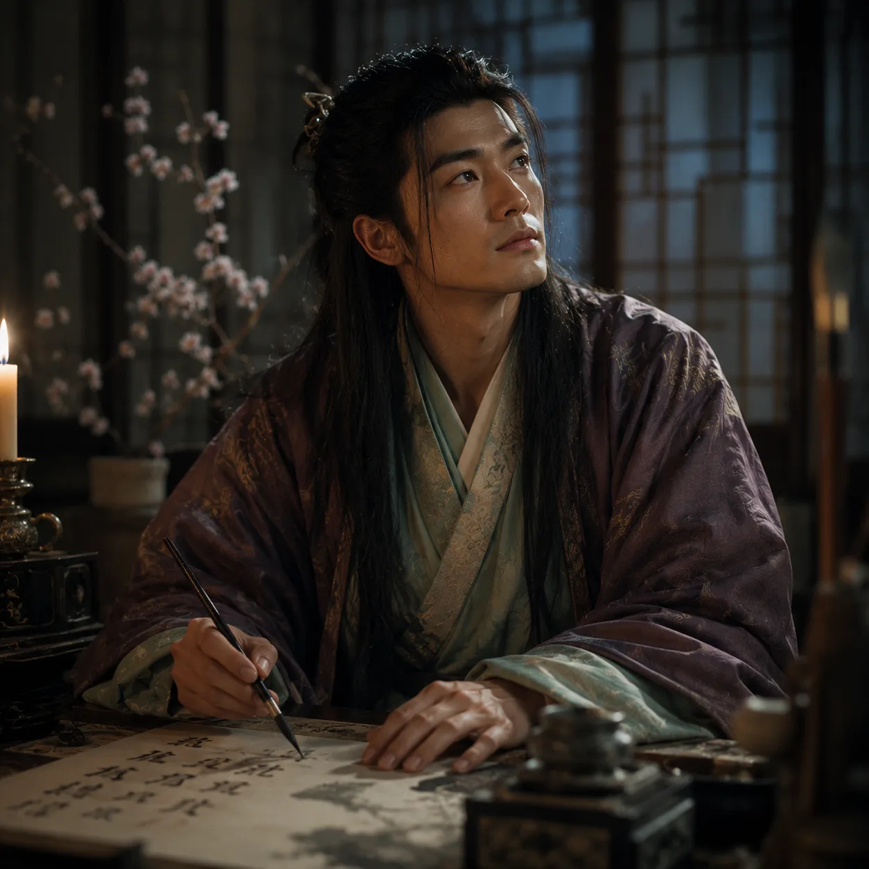 Contemplative scholar in candlelight