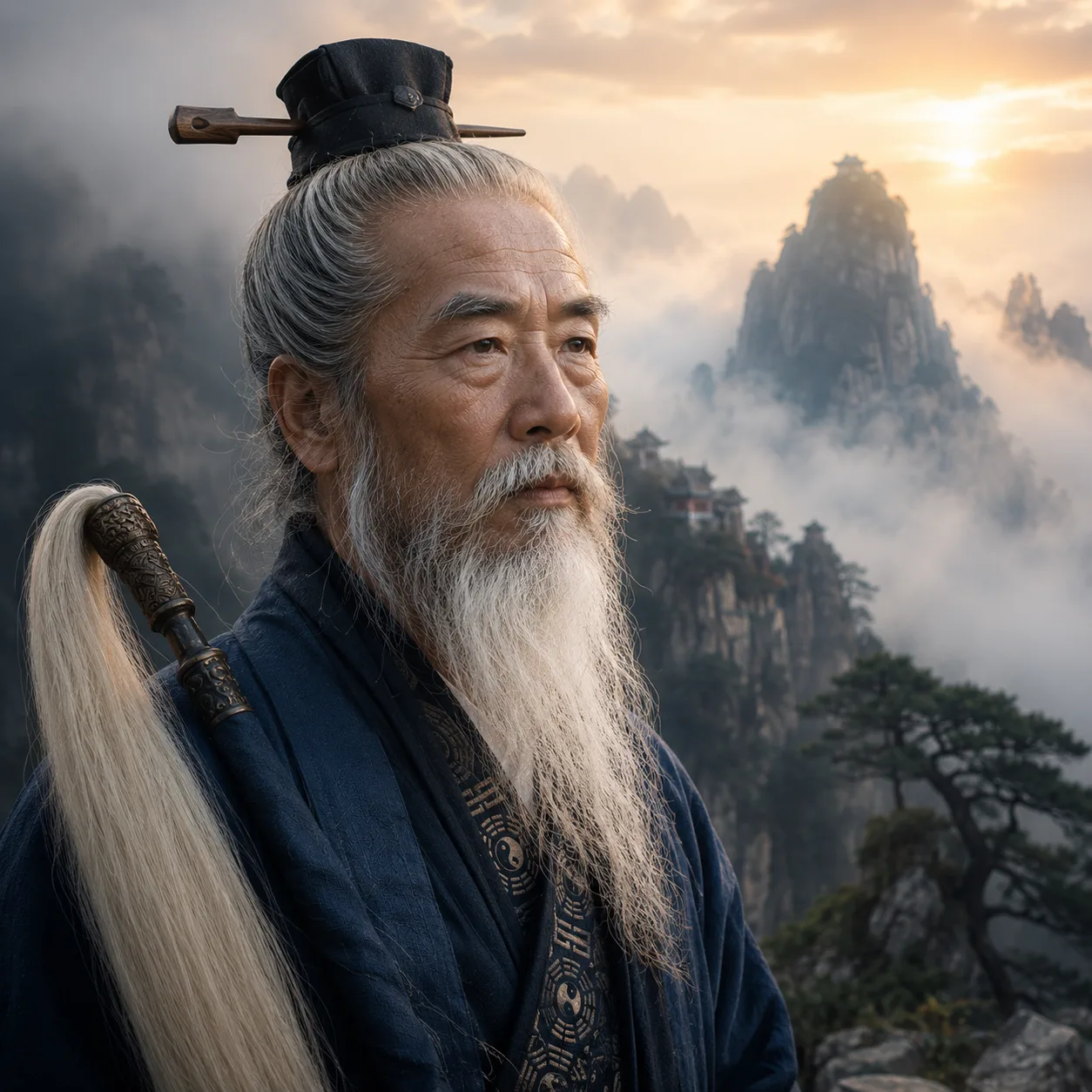 Serene elder in a misty mountain dawn