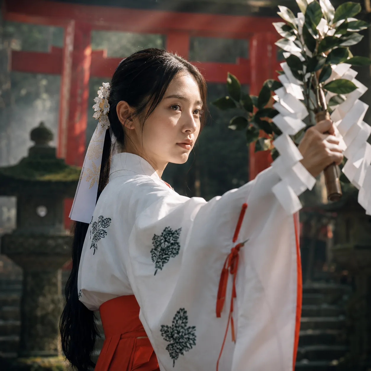 Serene shrine maiden in the forest