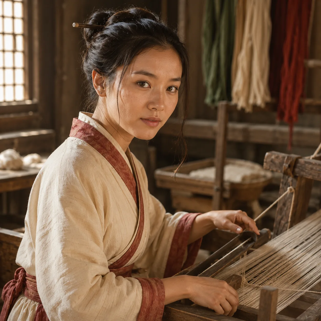 Weaver at work in a warm studio